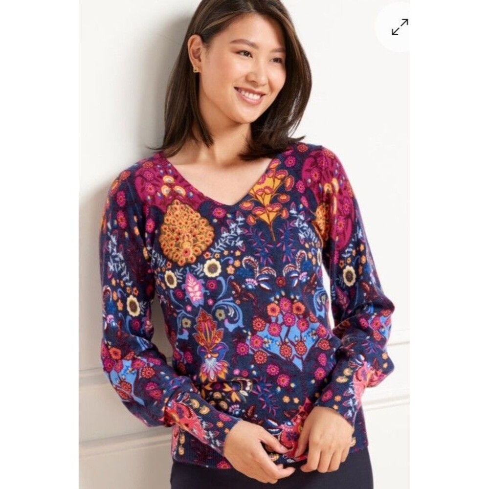 Talbots Women’s Pure Cashmere Floral Long Balloon Sleeve Sweater Size Small